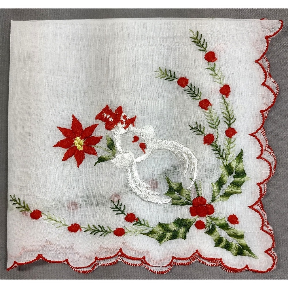 Vtg Christmas Handkerchief Snowman Poinsettia Holly Scalloped Edge 10.75x11